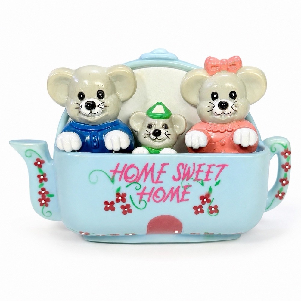 Vintage Giftco Home Sweet Home Mouse Family 3D Fridge Magnet Set Teapot Kitsch